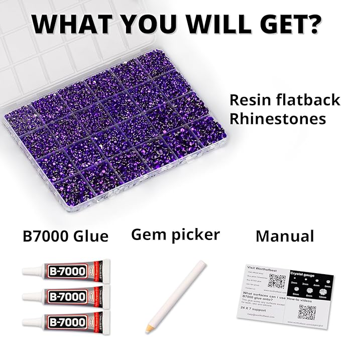 33000Pcs Purple Rhinestones for Bedazzling, Bedazzler Kit with Flatback Craft Rhinestones Dark Purple Bulk and B7000 Glue, 2,3,4,5,6mm Resin Flat Back Crystals for Craftings, Clothes, Shoes, Nails