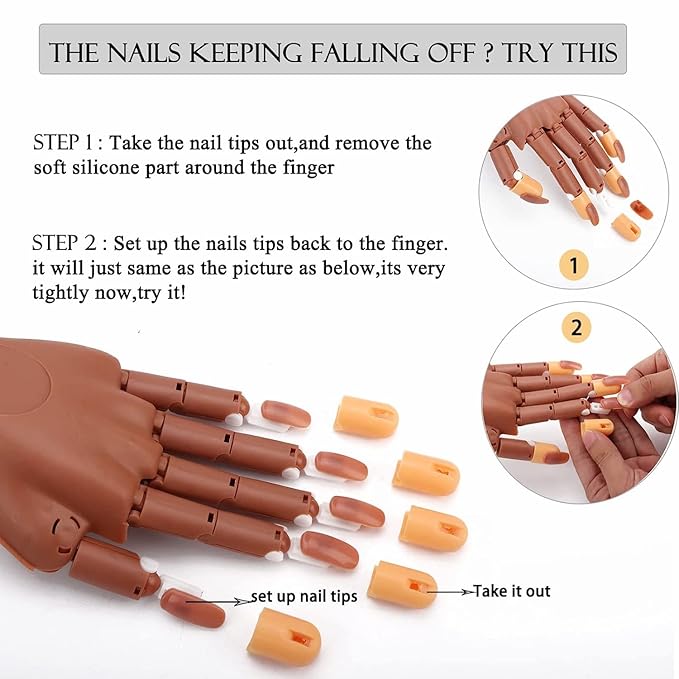 Practice Hand for Acrylic Nails, Professional Nail Practice Hand Nail Training Hand, Flexible Moveable False Fake Mannequin Hand for Nails Art Practice Display with 100Pcs Brown Fake Nail Tips