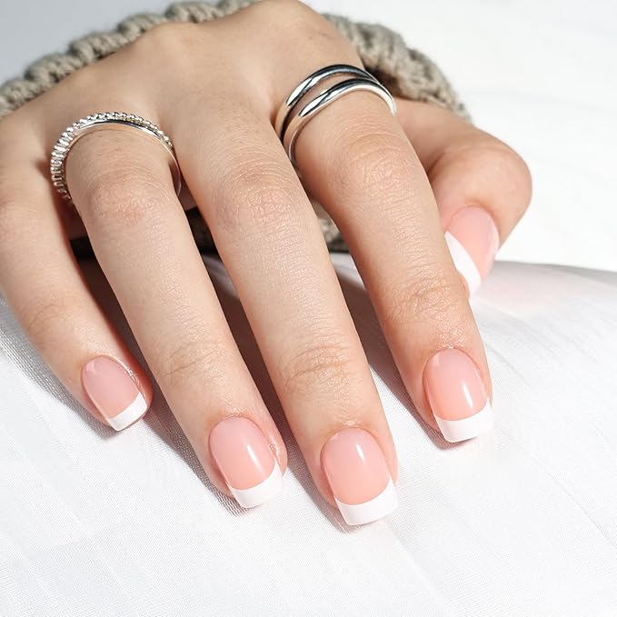 French Tip Press On Nails, Short Square Press on Nails White Nails Press Ons for Women Fake Nails with Glue, Glossy Reusable Glue on Nail in 15 Sizes - 30pcs, Porcelain French