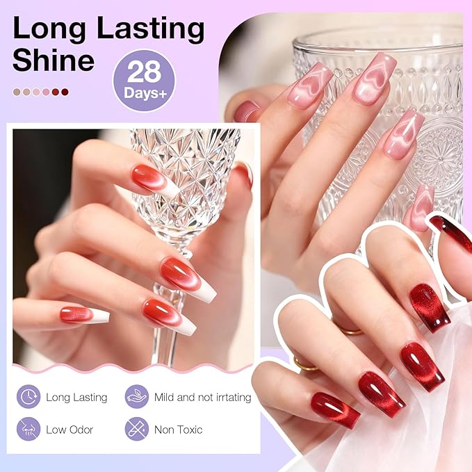 Cat Eye Gel Nail Polish Set, 6 Colors 12ML Spring Summer Glitter Magnetic Nail Polish Gel with Magnet, Soak Off UV LED for Home Salon Manicure Gift for Women