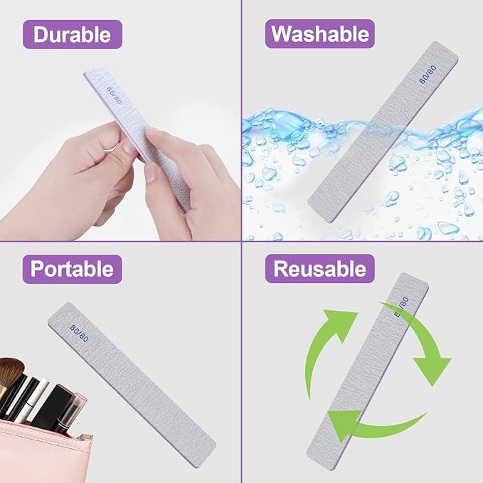 80/80 Grit Nail Files (12 Pack), Heavy Coarse Emery Boards for Acrylic Nails and Gel Nails, 80 Grits Double Sided Nail File Emory Professional Nail Filer Reusable Washable Manicure Square Gray