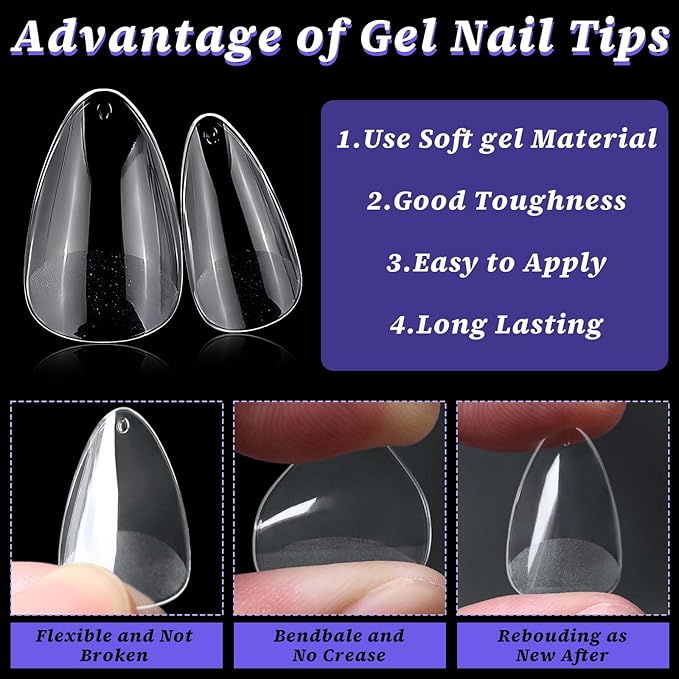 240pc Almond Gel Nail Tips Short Fake Nails Clear Press ons Nail, Extra Short Almond Nails Tips Acrylic Nails Extension Soft Gel Nails Tip Full Cover XS False Nail Clear Artficial Fingernails