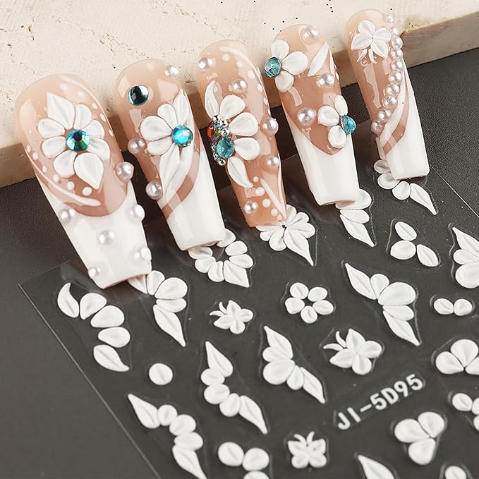 Nail Stickers, 5 Sheets Floral Nail Art Decals, Self-Adhesive 5D Embossed Designs for DIY Manicure