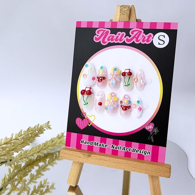 Short Almond Press on Nails Luxury Handmade Nails with Glue,3D Cherry Mushroom Rhinestone Designs False Nails Handmade Nail Press ons Muti-Layer Gel French False Nails for Women (Size S)
