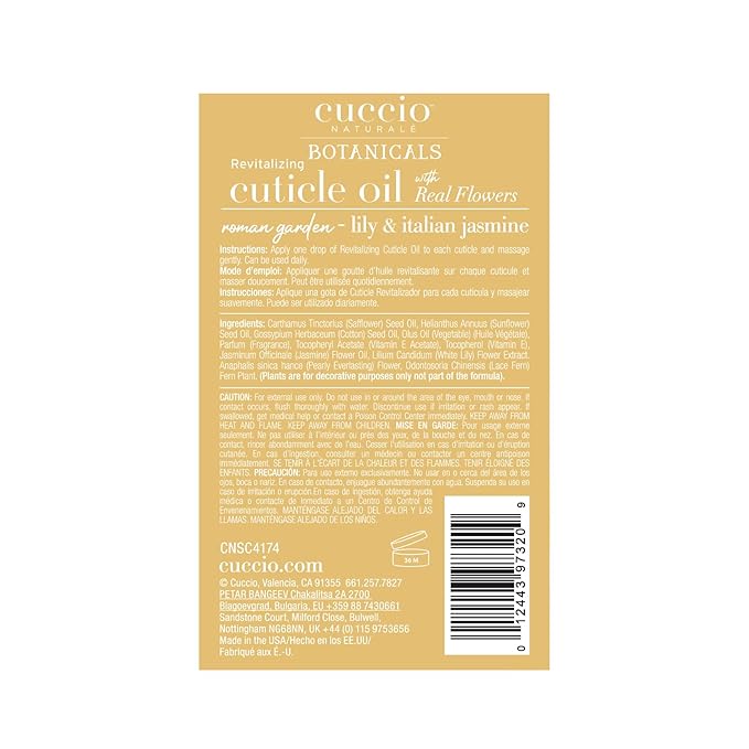 Cuccio Botanicals Revitalizing Cuticle Oil – Roman Garden (Lily & Italian Jasmine Scent) – Infused with Real Flowers & Natural Oils for Deep Hydration, Non-Greasy Spa Experience, 2.1 oz