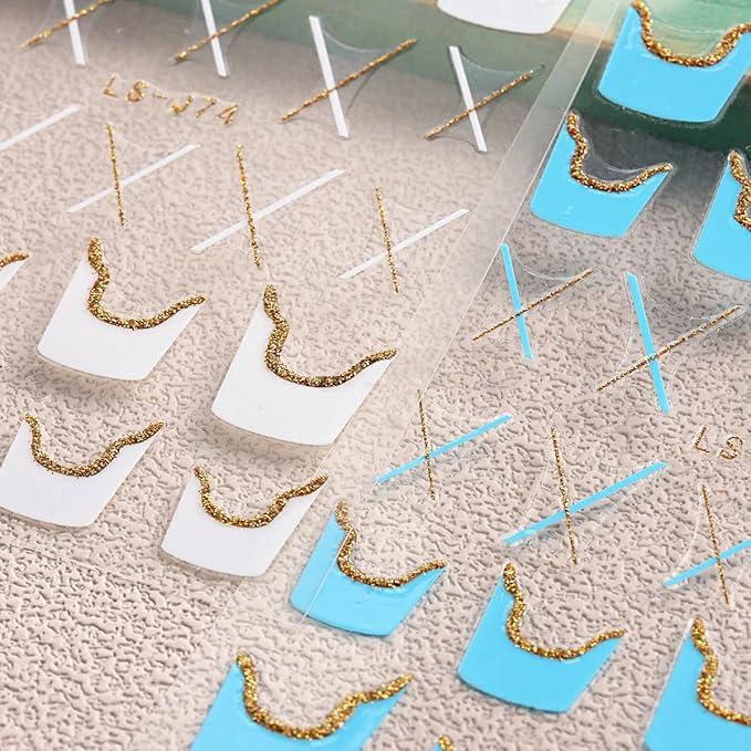 Eseres French Tip Nail Art Stickers Waves Lines Nail Decals 3D French Pattern Glitter Nail Art Design Stripe Nail Stickers 9Pcs French Nail Stickers Stripe Line Nail Decals