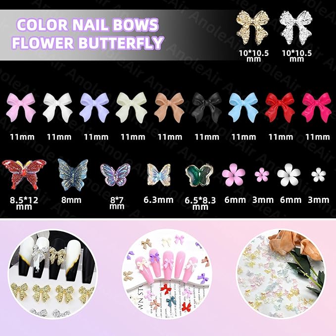 Color Bows Nail Charms Kit, 3D Pearls Gems Set, Gold Silver Nail Bows, Flower Butterfly 3D Asssorted Nail Charms and Gems, Nail Pearls for Nail Art DIY with Pickup Tools