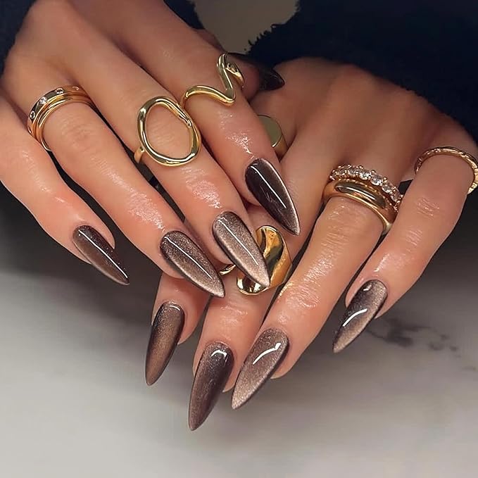 MISUD Press on Nails - Long Stiletto Fake Nails, Acrylic Fall Brown Cat Eye Design 24 pcs