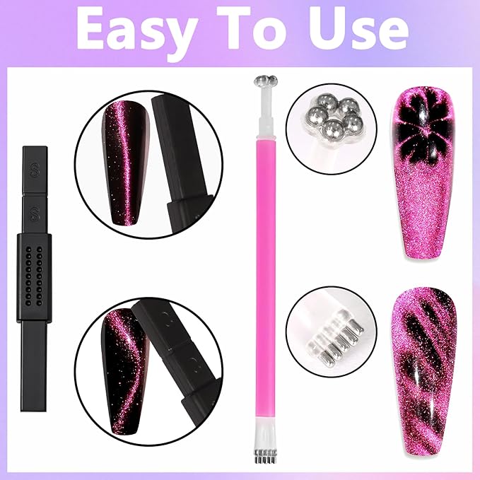 Laza 12 Pcs Nail Magnet Set, Super Strong Cylinder Magnet, Heart Magnet for Nails Double-head Magnet Wands for Magnetic Nails, 9D Galaxy Cat Eye Nail Art, Magnetic Nail Polish
