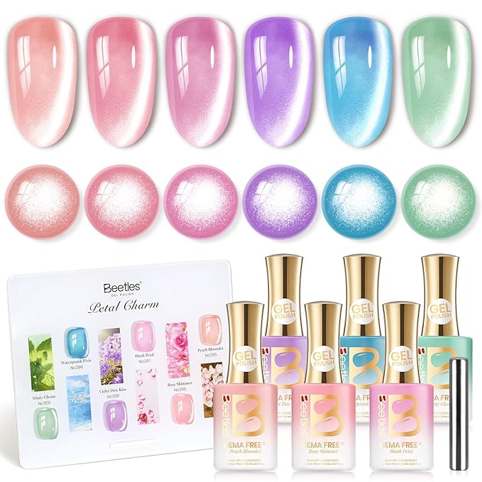 Beetles Petal Charm Cat Eye Gel Nail Polish Set - 6 Colors 15ML Spring Gel Polish Kit Glitter Pink Purple Blue Orange Red Green Magnetic Effect Soak Off UV Nail Art DIY Manicure Gift for Women