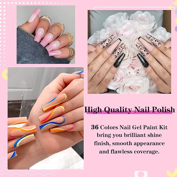 36 Colors Nail Art Gel Paint Kit, 38PCS Polish Set With Brush for DIY Design At Home, Solid Polish for DIY, Nails Kits Gift for Women