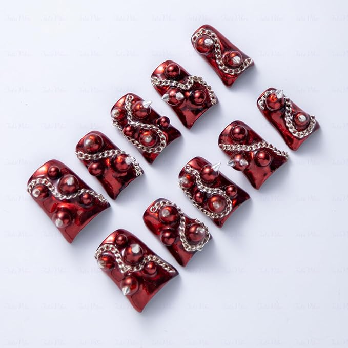 10 Pieces Luxury Acrylic Press On Nails Short Handmade Duck Nails, Red Thickened False Nails, Punk-style Silver Rivets And Chains, Reusable Fake Nails, Acrylic Nails (S)