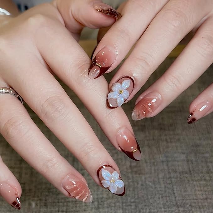 Press on Nails Medium Almond Fake Nails French Artificial Nail 3D Flowers with Gold Rhinestones Stick on Nail for Women 30pcs