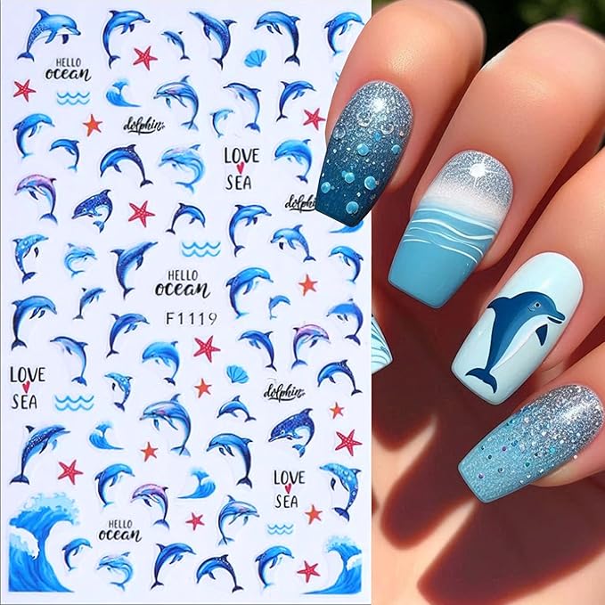 Marine Life Nail Art Stickers -3D Cute Mermaid Nail Decals Self Adhesive Small Whale Nail Stickers with Little Fish Jellyfish Designs Nail Decal Summer Nail Supplies for Women DIY Manicure Decoration