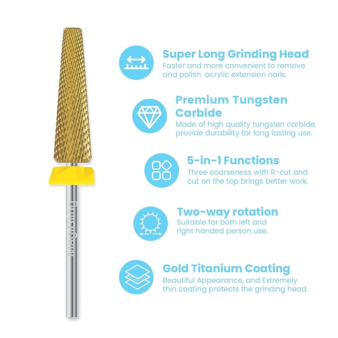 24mm Super Long 5-in-1 Tapered Barrel Nail Drill Bit, 3/32'' Tungsten Carbide E-File Bit for Fast Gel Removal & Long Nail Shaping, Two-Way Rotation Safety Bit for Acrylic Extensions, Extra Fine