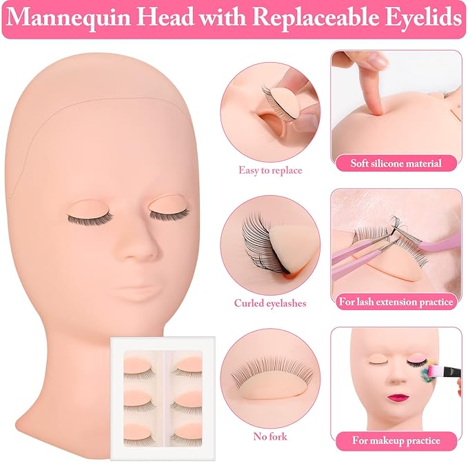 Eye Lash Extension Kit for Practice, 345 PCS Lash Kits with Replaced Eyelids Mannequin Head, Individual Lashes, Lash Extension Glue Tools Everything for Eyelash Extension Beginners Training Makeup