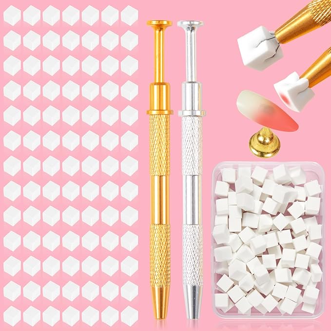 100pcs White Cube Nail Sponges for Ombre, 2pcs Gold and Silver Metal Clip Pens for Grabbing Nail Art Sponge Ombre Nail Brush for Nail Art