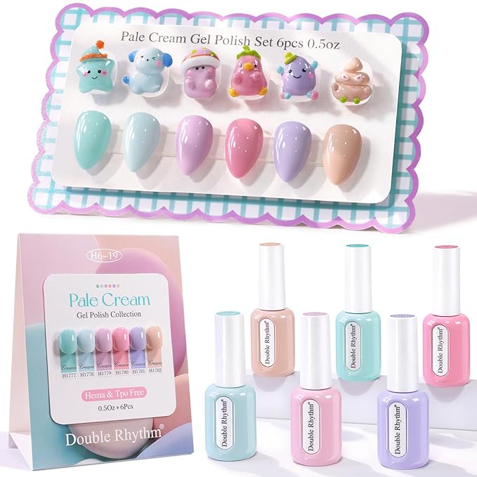 Double Rhythm 6 Pcs Hema Free Gel Polish Set 0.50 OZ Same Color Same Bottle Soak Off Neutral Natural Gel Polish Kit Nail Manicure Salon DIY at Home (Cream Teal Nude Pink Purple -H6-19)