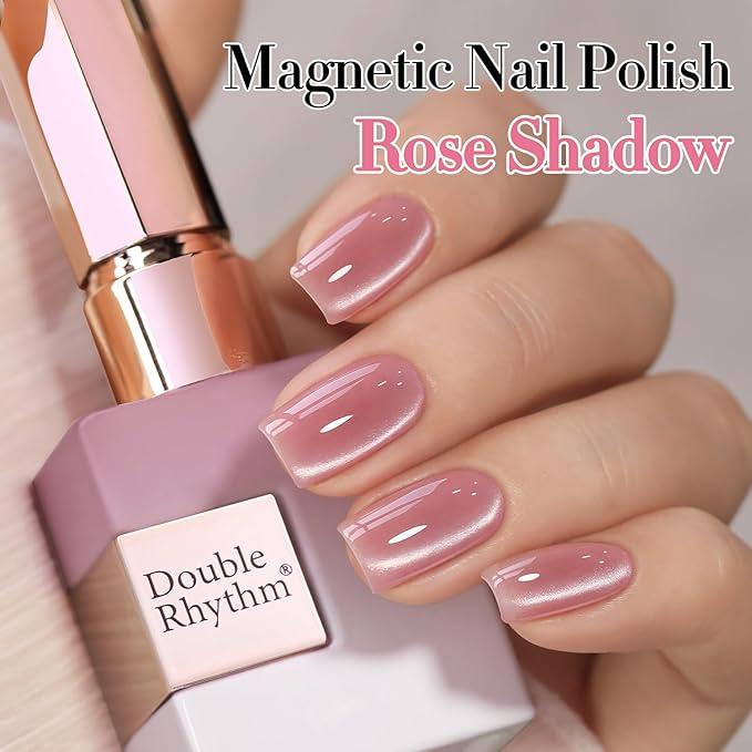 Double Rhythm 0.5 Oz Cat Eye Gel Polish with Magnet Same Color Same Bottle Holographic Glitter Shimmer Translucent Color Salon 15 ML Magnetic Nail Art (Rose Pink-MC1150)