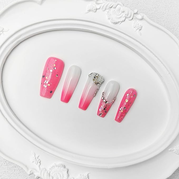 2025 Handmade Reusable Medium Pink Gradient Press-On Nails French Stickers Rhinestones Full Coverage Fake Nails for Women (Gradient Pink, Medium)