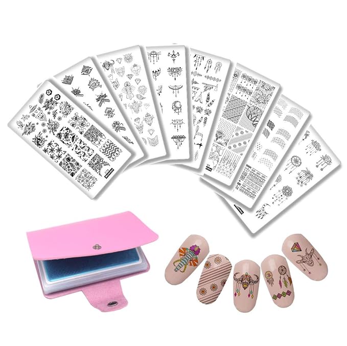 8Pcs Pendant Star Nail Plates Geometry Line Cattle Nail Stamp Template Image + Nail Art Stamp Plate Stamping Plates Holder Storage Bag Cases Stamp Organizer