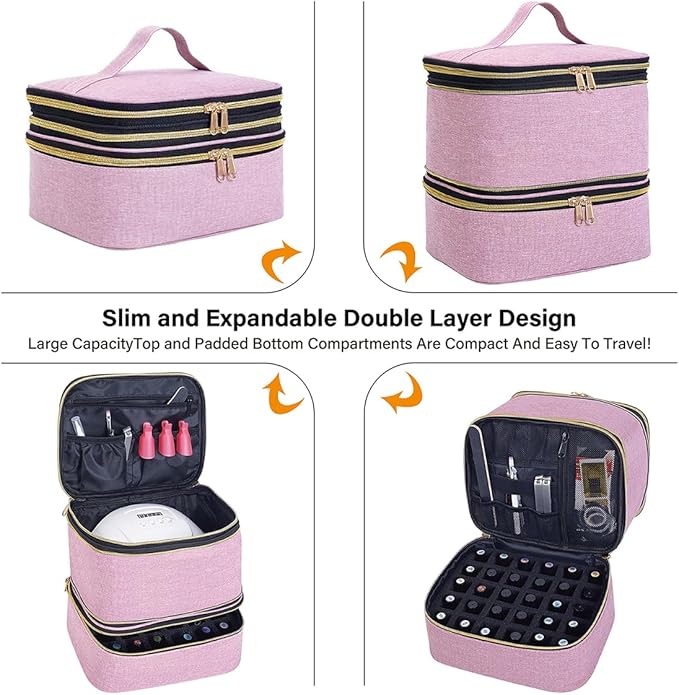 Nail Polish Organizer, Handheld Double Layer Nail Polish Storage with Adjustable Dividers, Holds 30 Bottles (15ml/0.5 fl.oz) for Nail Polish Lamp Manicure Tools and Essential Oil, Pink
