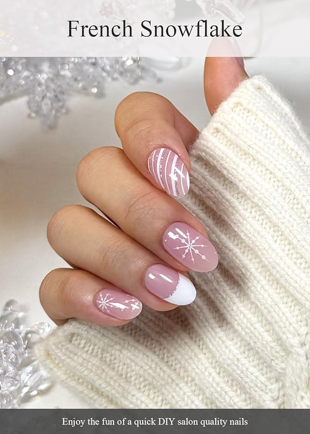 Semi Cured Gel Nail Strips (French Snowflake), Christmas, 20 Pcs Gel Nail Wraps, Stickers, Salon Quality, Long Lasting, Works with Any UV Lamps