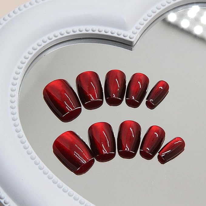Red Cat Eye Press on Nails Short Square Fake Nails Glitter False Nails with Design Bling Glossy Glue on Nail Wine Red Gradient Acrylic Shiny Artificial Stick on Nail for Women Manicure 24Pcs