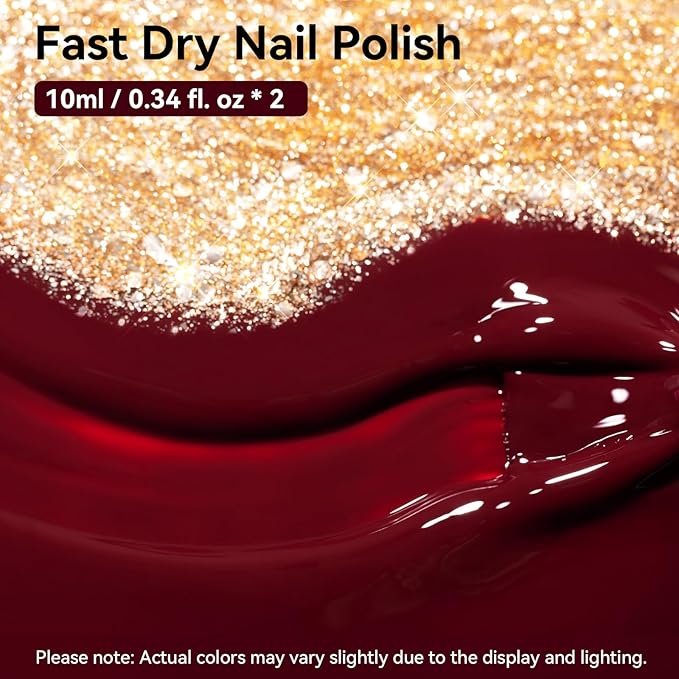 Wine Red Sparkle Champagne Nail Polish Duo, Fast Air Dry Burgundy Nail Polish, Opaque Dark Red, Non-Gel, Crème, Toxic-free Long Lasting Glossy Nails Art for Home DIY Manicure