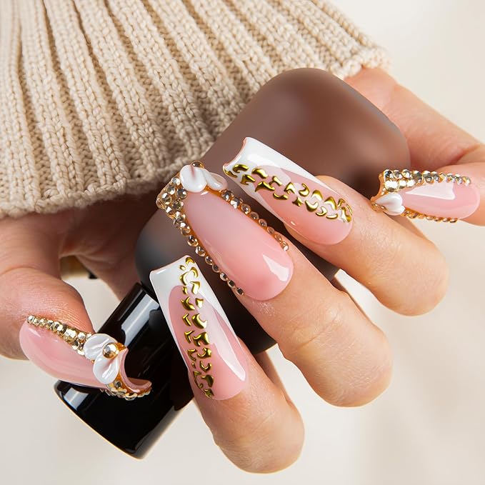 LOVFUL Short French Tip Press on Nails Gold Crystal | Handmade Acrylic Press ons| Reusable Fake False Nails | Square Classic Regular 1.3in | H706-L