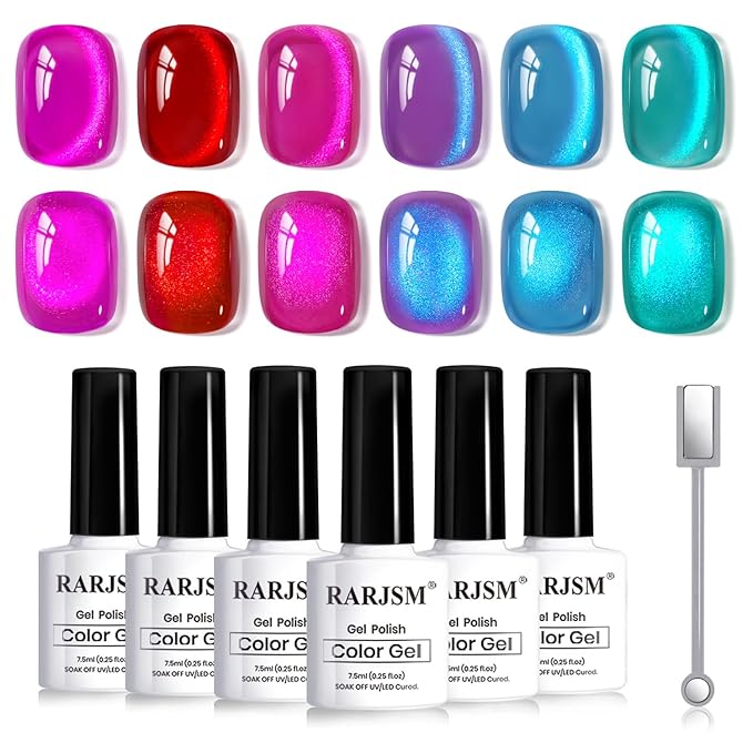 RARJSM Diamond Glitter Cocktail Cat Eye Gel Nail Polish Set 6Pcs Velvet Mint Green Sky Blue Violet Purple Fuchsia Magenta Ruby Red Smoothie Cateye Gelpolish with Magnetic Stick Curing Require