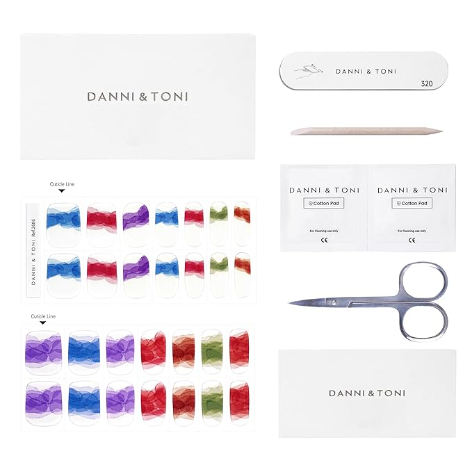 DANNI & TONI Semi Cured Gel Nail Strips Watercolor Multicolored Gel Nail Polish Stickers Red Purple Blue Green Nail Wraps 28 Stickers | Celestial Flow