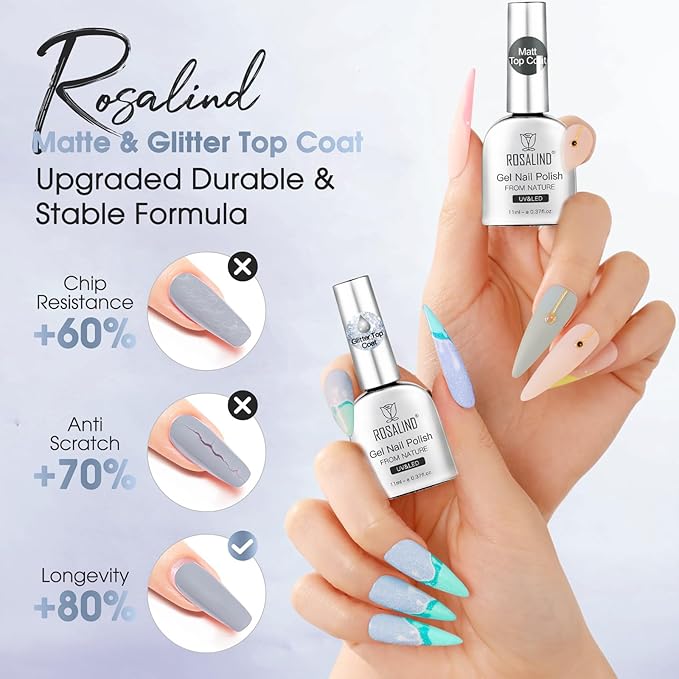 ROSALIND 2PCS Top Coat Gel Nail Polish Set, 11ml Glitter and Matte Gel Top Coat,Glitter Gel Polish Glossy Sparkle Finish Long Lasting Soak Off Pearlescent Shimmer Manicure Nail Art for Women