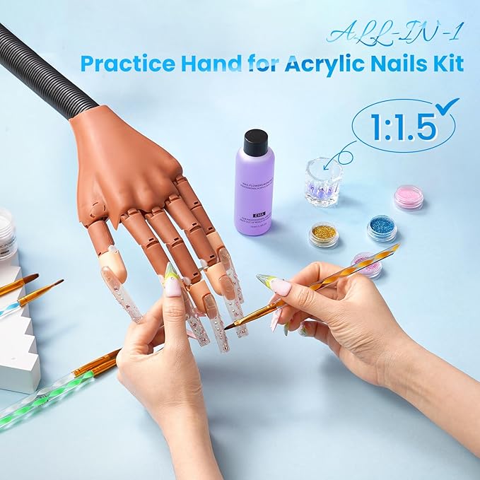 Magnetic Practice Hand for Acrylic Nails Kit: Flexible Nail Hands Acrylic Powder Set for Nail Extensions Caving - Mannequin Training Hand for Beginner Salon Home