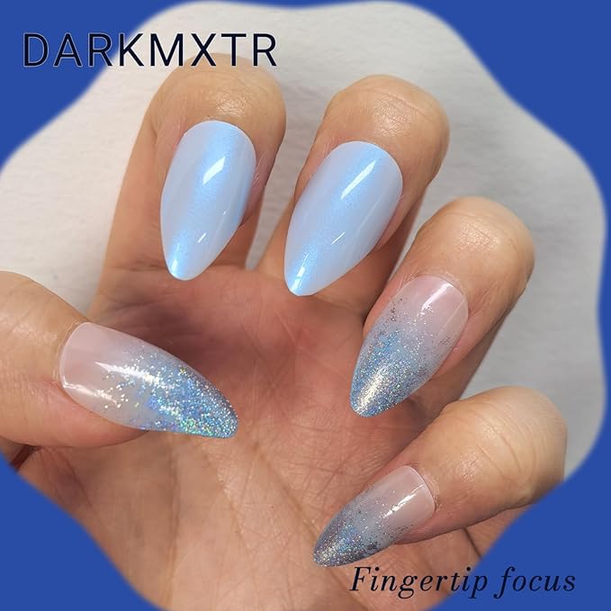 Light Blue Press on Nails - 24Pcs Long Stiletto Fake Nails with Gradient Glitter Design, Reusable Acrylic Artificial Nails for Women, 12 Sizes