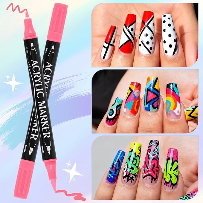 Kalolary 24 Colors Nail Art Pens Set, Nail Polish Pens Double-Ended Acrylic Paint Pen Nail Art Markers Quick-Drying Nail Art Tools for Dotting Drawing Painting DIY Nail Art Beauty Manicure（D）