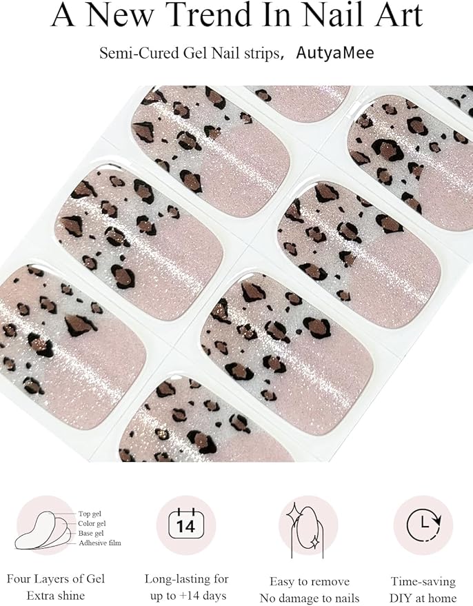 Semi Cured Gel Nail Strips (French Leopard Cat Eye), 20 Pcs Gel Nail Wraps, Stickers, Salon Quality, Works With Any UV Lamps
