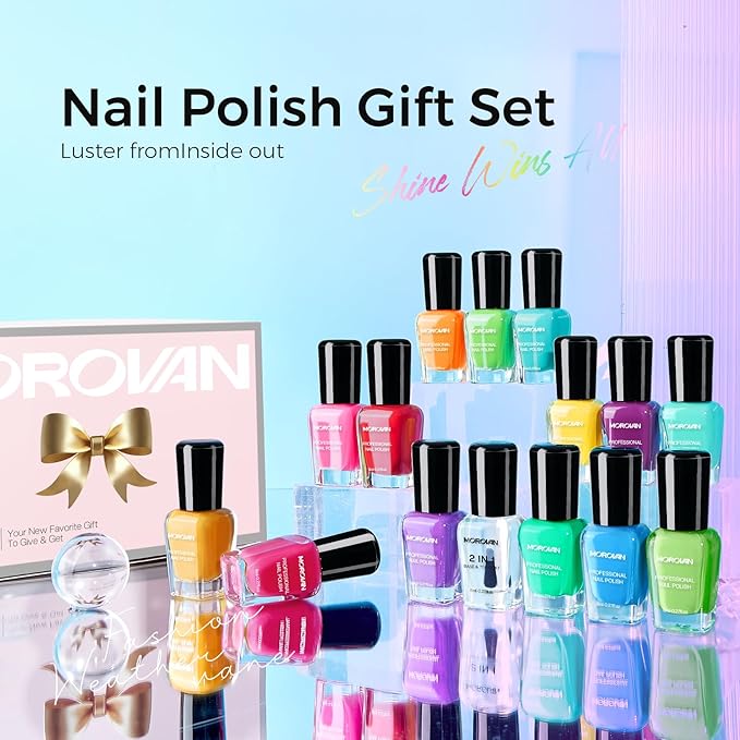 Morovan Nail Polish Set Fingernail: 2026 Nail Gift Kit Bright Rainbow Color Air Quick Dry Regular 0.27oz Finger Nail Polish Pack with Base Top Coat Christmas Winter Holiday Manicure for Women Girl
