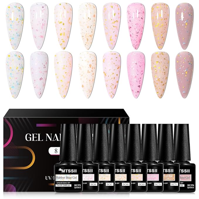 MTSSII Rubber Base Gel Nail Polish Kit with Golden Sequins For Nails, Glitter Sequins Gel Nail Polish Set, Soak Off UV Cured Nail Nail Art Design at Home