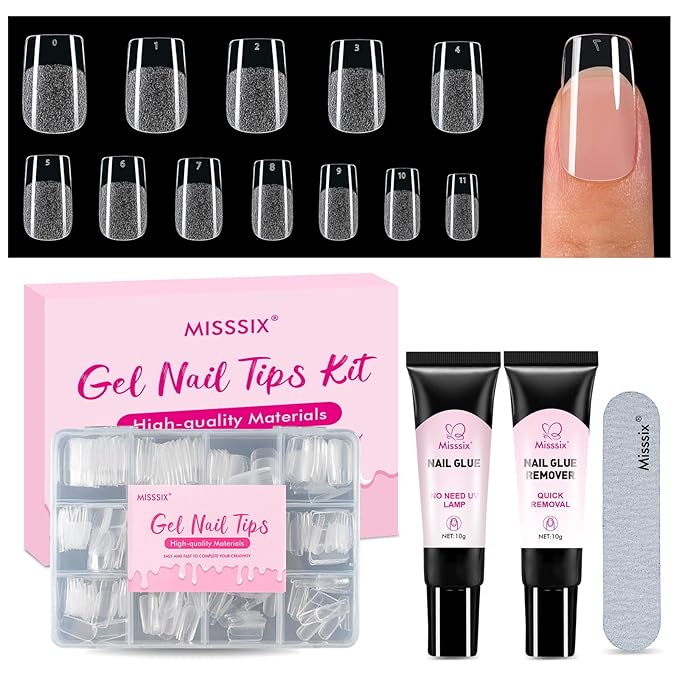 Misssix Short Square Gel Nail Tips, 216Pcs Pre Etched Clear Fake Nails, Full Cover Soft Acrylic False Nail Glue and Nail Glue Remover for Women 12 Sizes