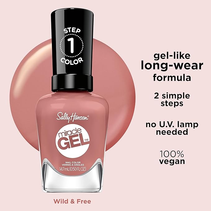 Sally Hansen Miracle Gel Salon Quality Nail Polish | Gel-Like Formula, Two-Step System, No UV Light Needed, Long Lasting | Opaque, Creme | 240 Wild & Free | Dusty Plum Pink Nail Polish