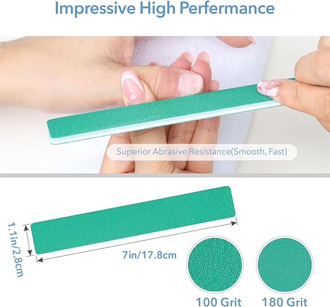 Nail File, 50 Pcs Nail Files 7" Long 100/180 Grit for Acrylic Nails Gel Nails Dip Powder Nails Poly Gel Washable Reusable Double Sided Buffering