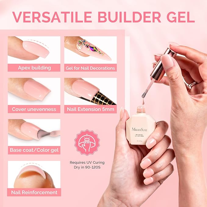 MelodySusie 2PCS 15ML Gray Pink and Pink Builder Gel Set for Nails Thickening, Soak Off UV Extension Gel Rhinestone Glue in a Bottle for Nail Art Design Gift for Women DIY Manicure at Home 012+027