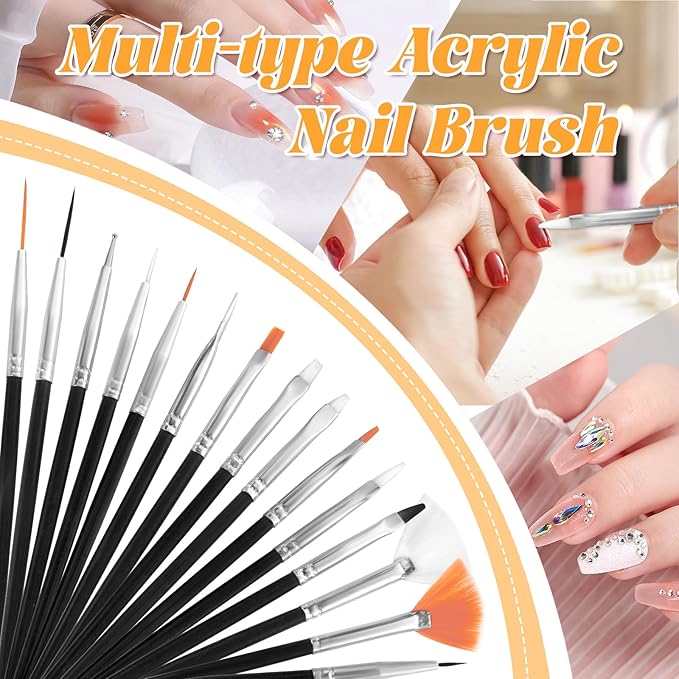 Nail Art Tools Kit with 15 Nail Art Brushes, 5 Dotting Tools, Nail Stand for Press-on, Nail Design Tools for Salon & DIY Home Manicure (Black)