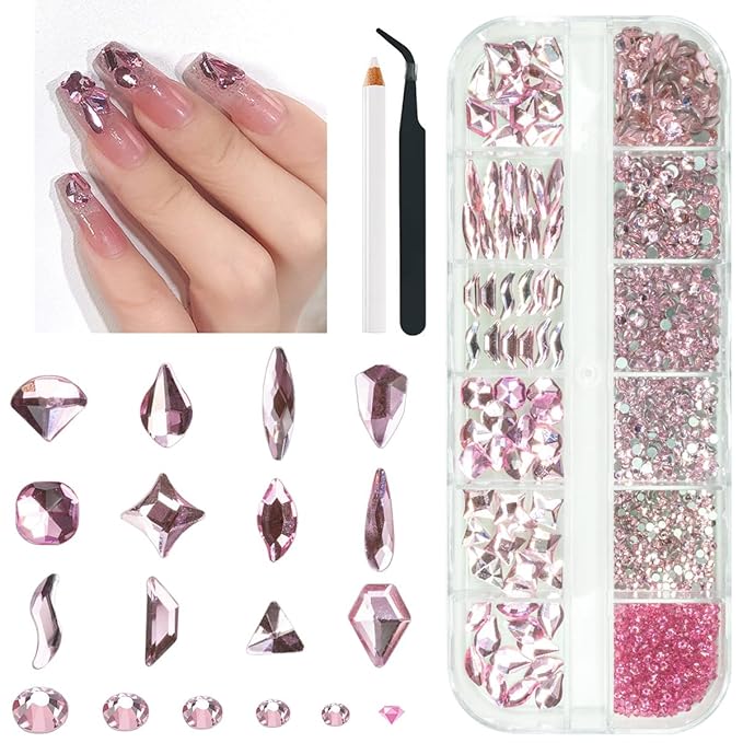 2052Pcs Pink Nail Rhinestones 12 Shapes Light Pink Rhinestones for Nails Flatback K9 Glass Gems Round Beads Stones Diamonds Crystals Nail Charms Art Supplies for Nails Face Eyes Makeup Crafts