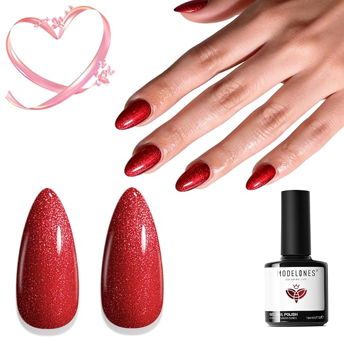 modelones Glitter Gel Nail Polish Pastel Red Gel Nail Polish Soak-Off UV Gel Polish - 28+ Days Long-Lasting Salon-Quality Nail Art DIY Manicure & Gift 15ML