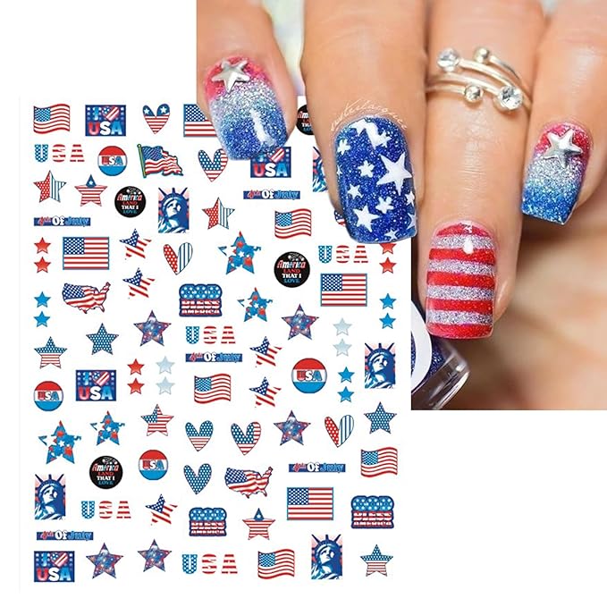 12 Sheets 4th of July Nail Stickers, Independence Day Patriotic Nail Decals, 3D Design Self-Adhesive Memorial Day USA Flag Star Nail Art