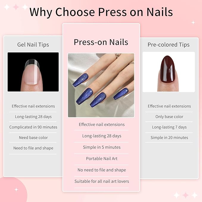 Dark Blue Cat Eyes Press On Nails,12 Sizes - 24 Pcs Soft Gel Blue Medium Coffin Fake Nails Kit with Nail Glue, Natural Reusable Stick On False Nails for Women and Girls SK0999
