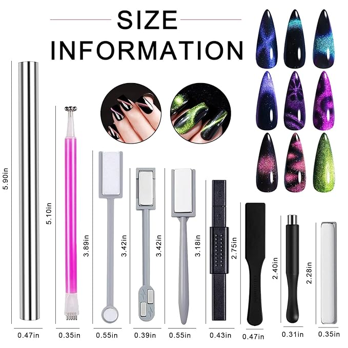 9PCS Cat Eye Magnet For Nails Cat Eye Gel Nail Polish Magnet Tools Set Double-Head Strong Suction Nail Magnet Stick Nail Cat Eye Magnet Nails Square Round Magnet Pens Diverse Cat Eye Effect