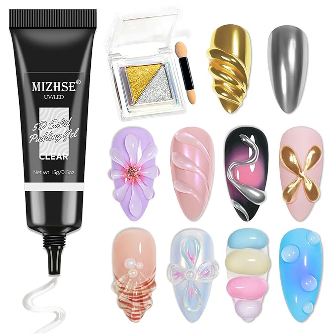 MIZHSE 3D Nail Gel and Chrome Nail Powder Kit, 15g Sculpting Gel Glue for Molding, Drawing, Charms & Gems, Chrome Powder, Rhinestone Design No Wipe Nail Polish for DIY Nail Art